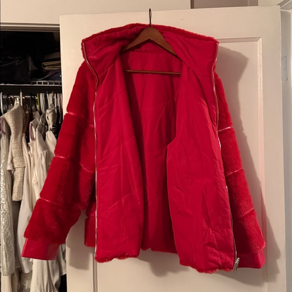 Vibrant Red Faux Fur Jacket - Picture 2 of 3